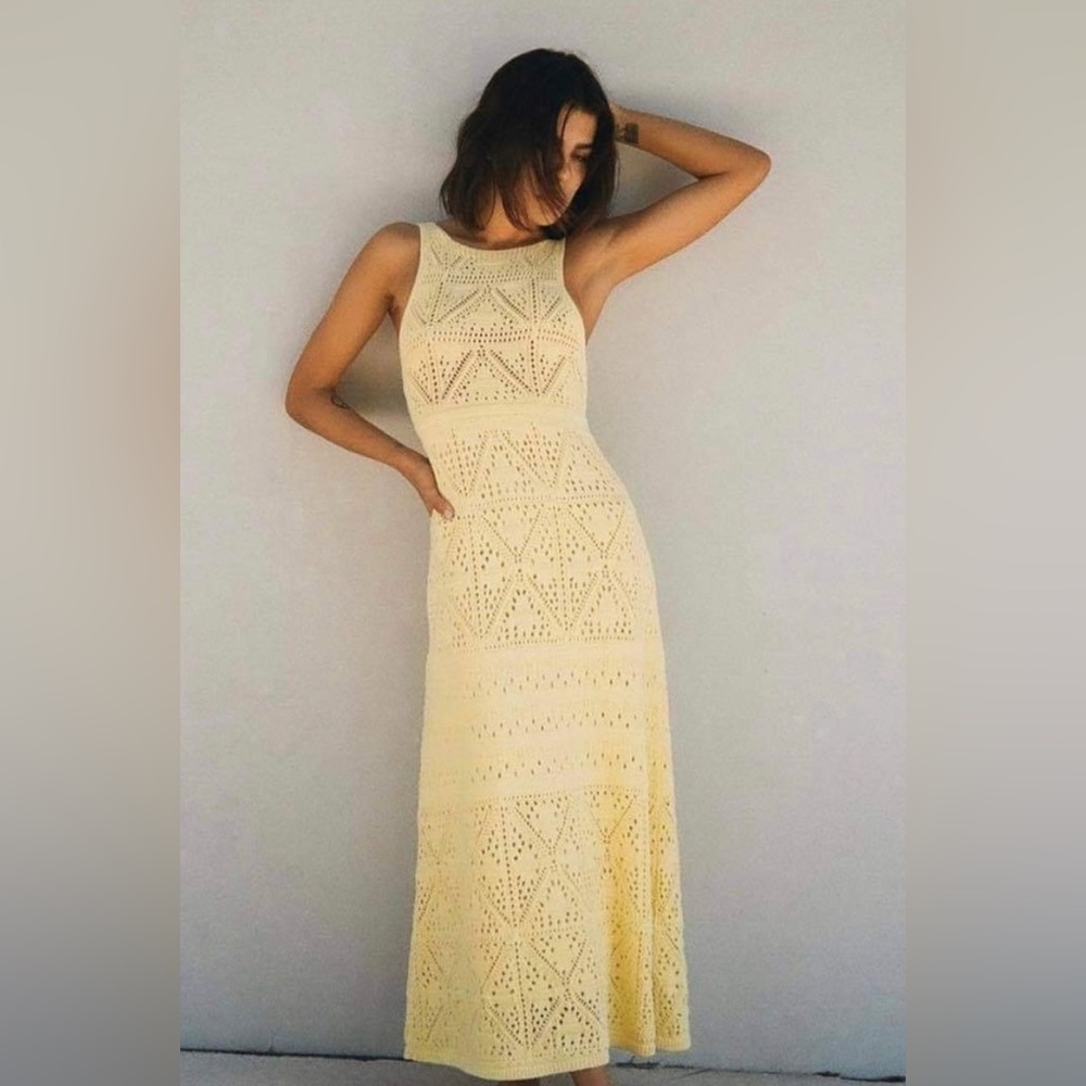 Zara yellow crochet midi dress size large